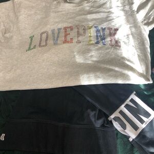 Gray LOVE Victoria’s Secret PINK bling Shirt and Black Leggings Set